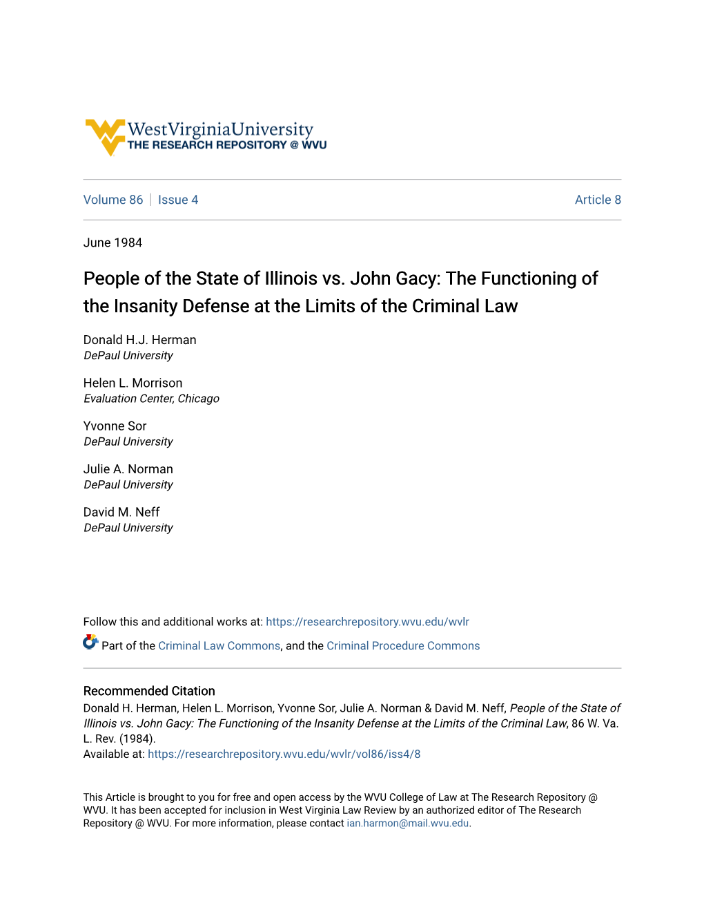 People of the State of Illinois Vs. John Gacy: the Functioning of the Insanity Defense at the Limits of the Criminal Law