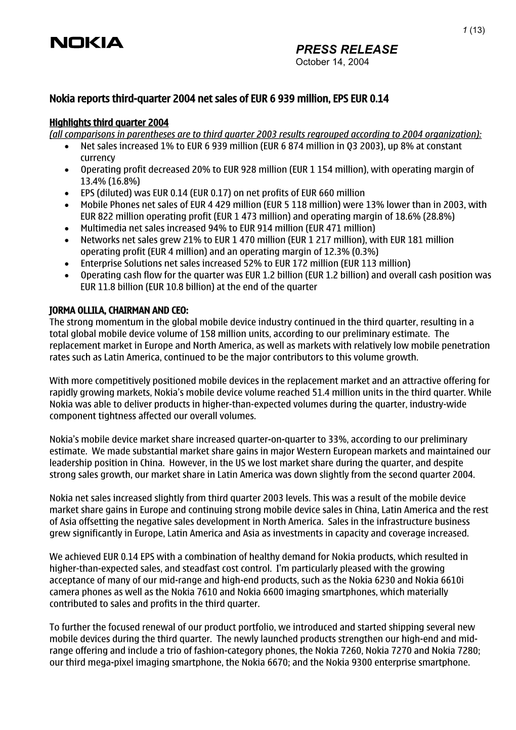 Nokia 3Q 2004 Results Release