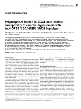 Polymorphism Located in TCRA Locus Confers Susceptibility to Essential Hypersomnia with HLA-DRB1&Ast;1501-DQB1&Ast;0602
