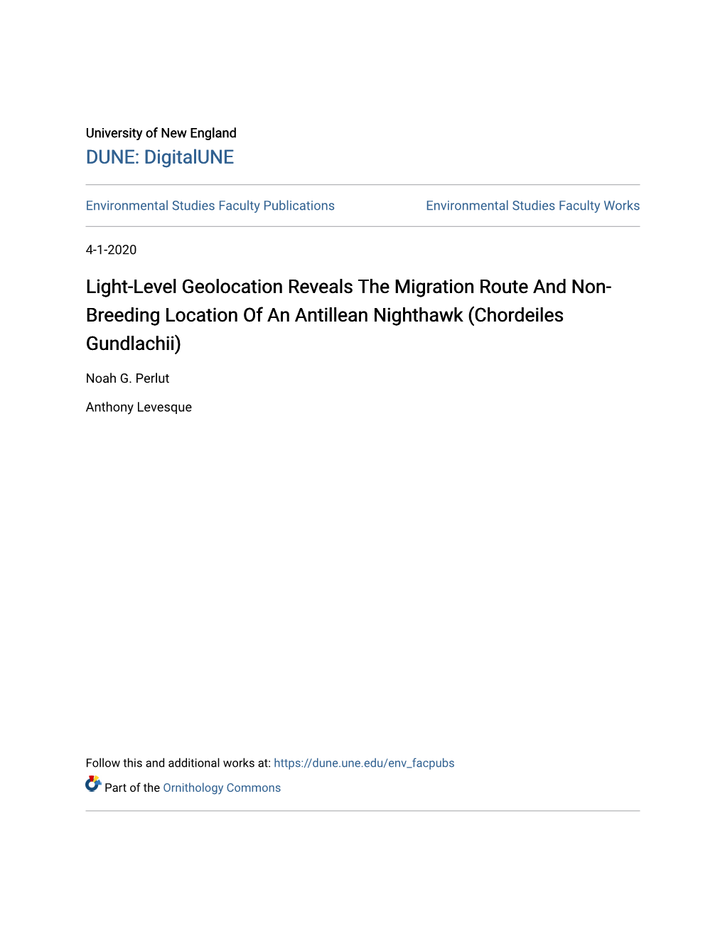 Light-Level Geolocation Reveals the Migration Route and Non-Breeding Location of an Antillean Nighthawk (Chordeiles Gundlachii)