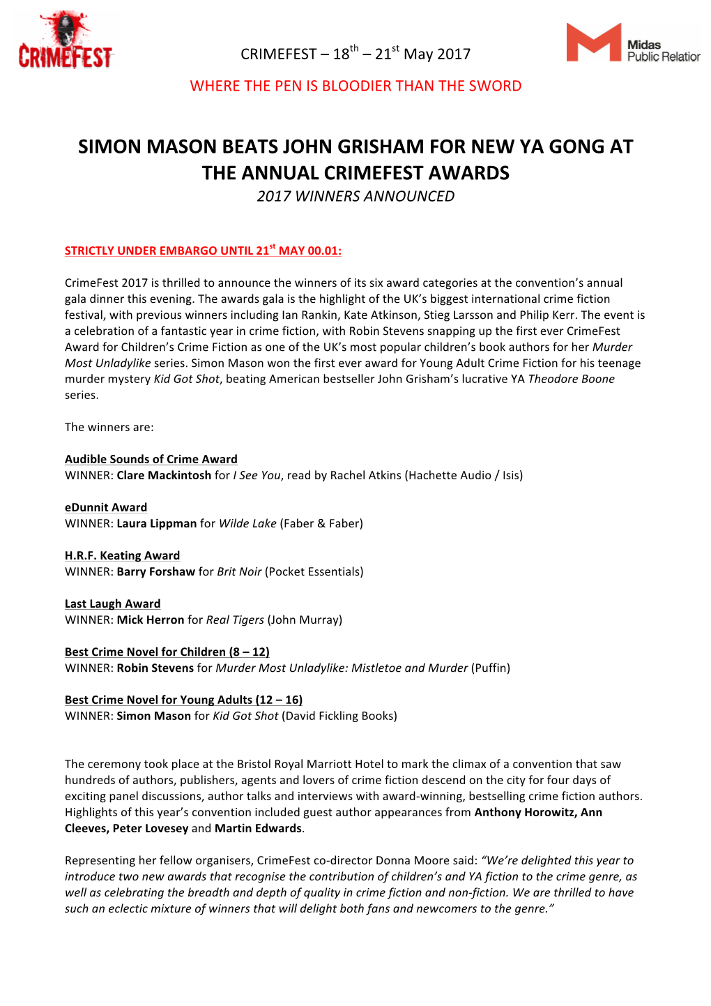 Simon Mason Beats John Grisham for New Ya Gong at the Annual Crimefest Awards 2017 Winners Announced
