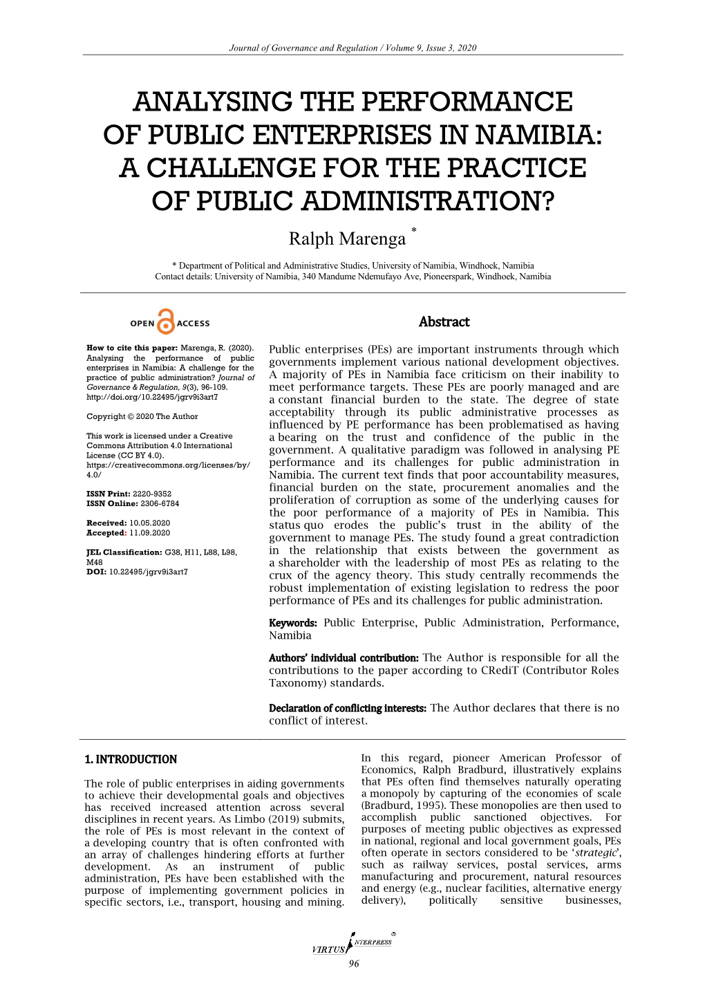 Analysing the Performance of Public Enterprises in Namibia: a Challenge for the Practice of Public Administration?