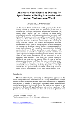 Anatomical Votive Reliefs As Evidence for Specialization at Healing Sanctuaries in the Ancient Mediterranean World