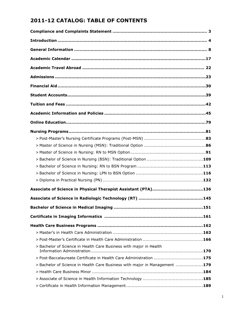 2011-12 Catalog: Table of Contents