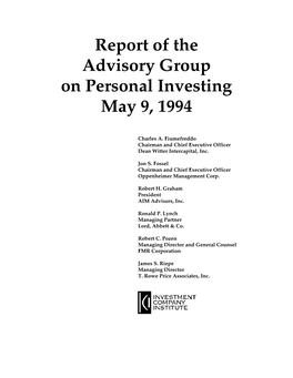 Report of the Advisory Group on Personal Investing May 9, 1994