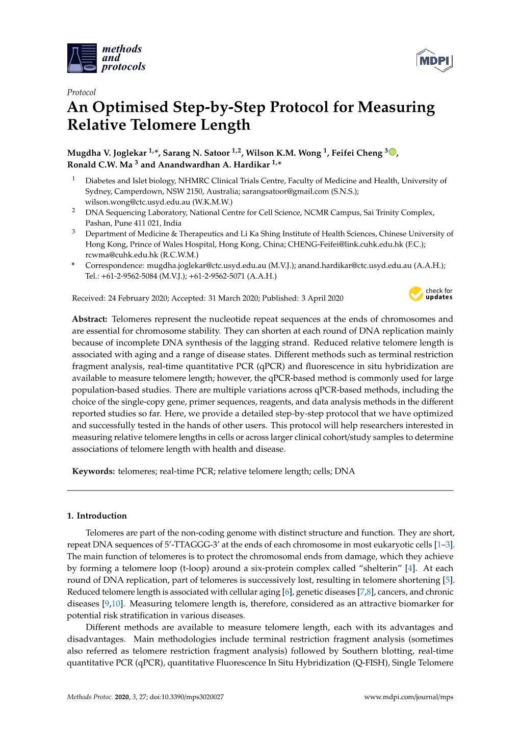 An Optimised Step-By-Step Protocol for Measuring Relative Telomere Length