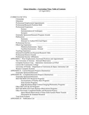 Glenn Schneider – Curriculum Vitae: Table of Contents (15 April 2021)