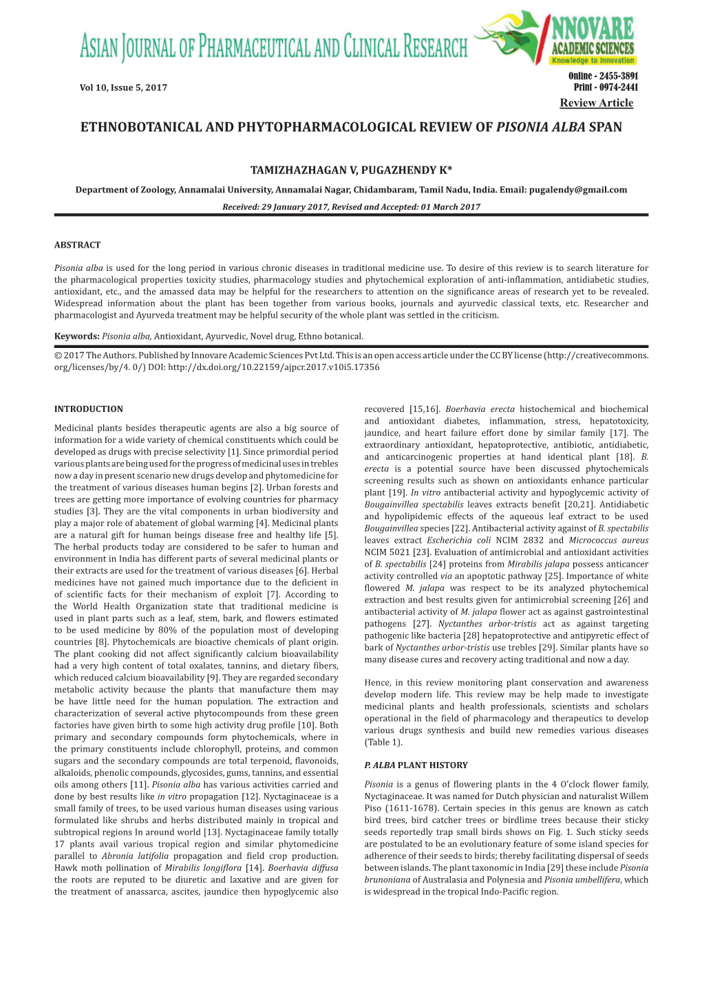 Ethnobotanical and Phytopharmacological Review of Pisonia Alba Span