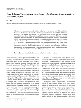 Food Habits of the Japanese Sable Martes Zibellina Brachyura in Eastern Hokkaido, Japan