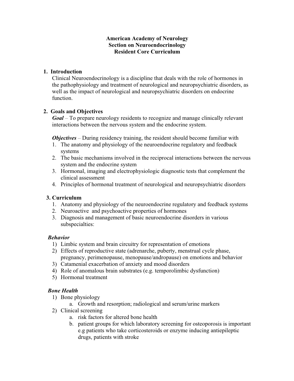 American Academy of Neurology Section on Neuroendocrinology Resident Core Curriculum