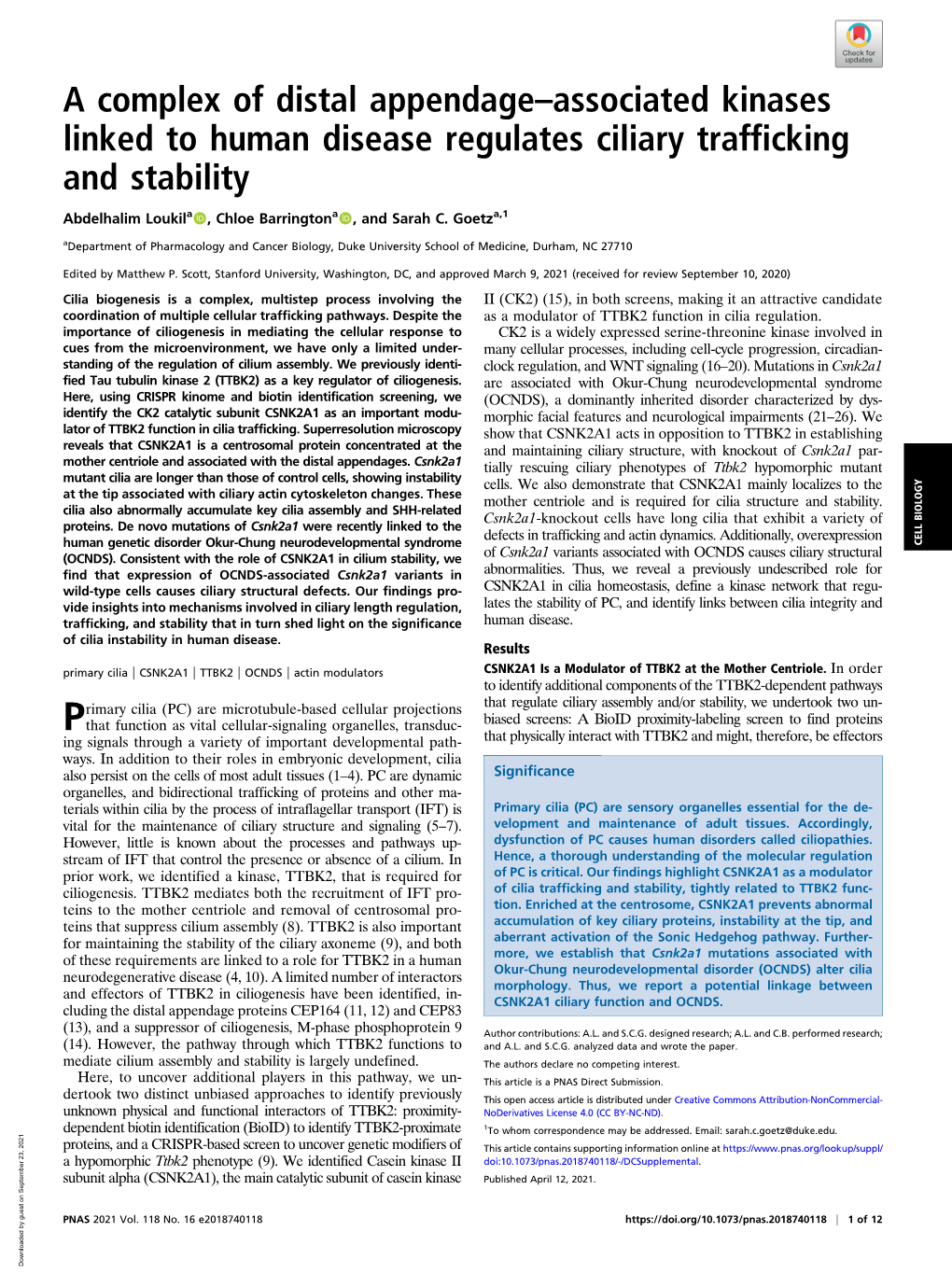 A Complex of Distal Appendage–Associated Kinases Linked to Human Disease Regulates Ciliary Trafficking and Stability