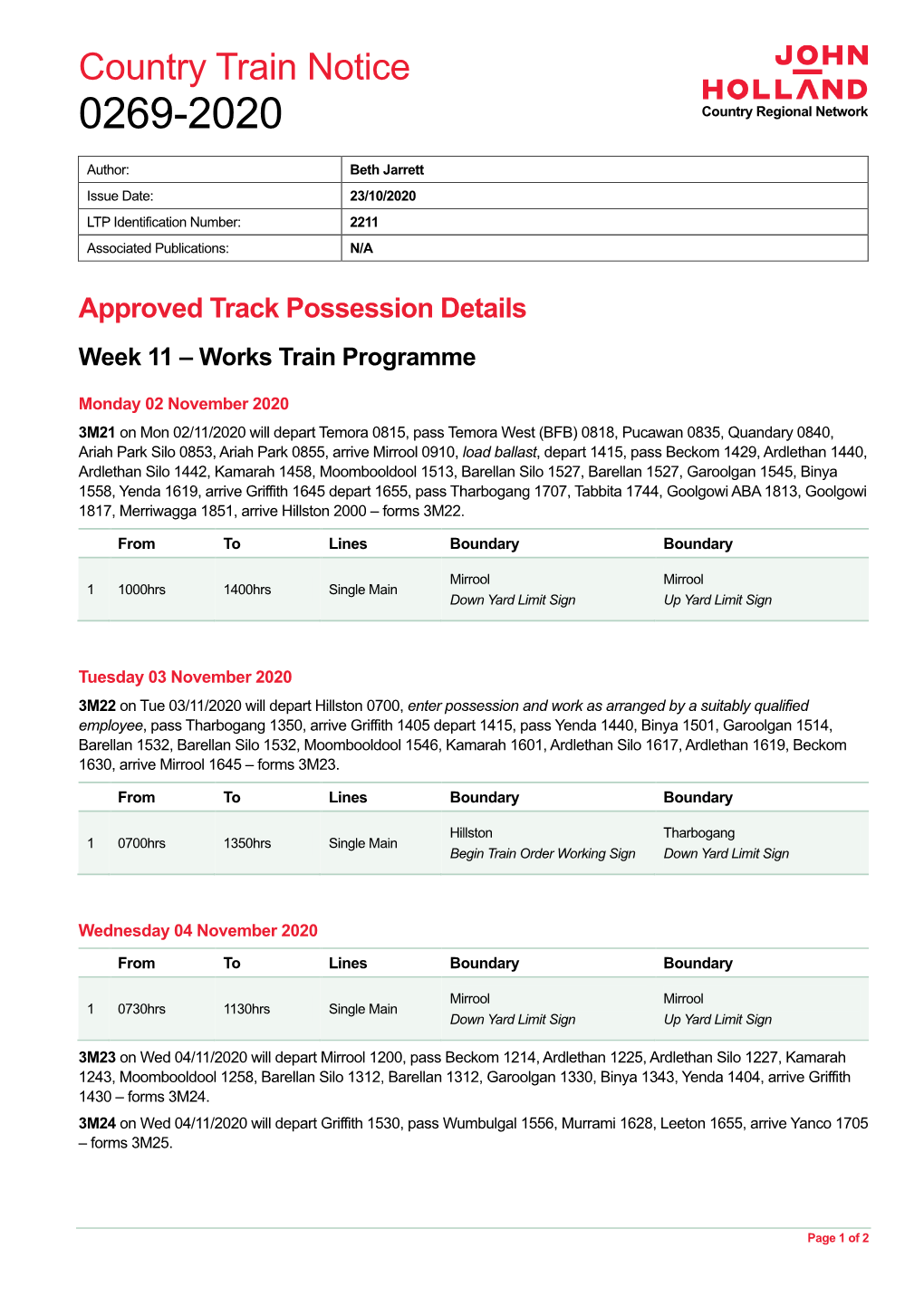 Country Train Notice 0269-2020 Country Regional Network