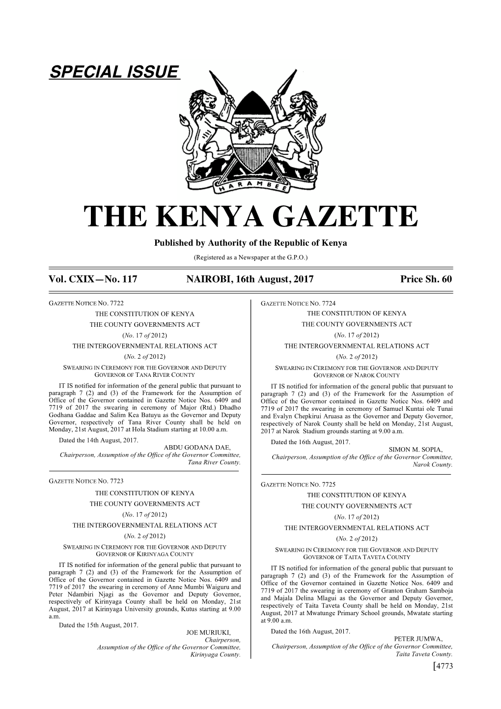 THE KENYA GAZETTE Published by Authority of the Republic of Kenya (Registered As a Newspaper at the G.P.O.)