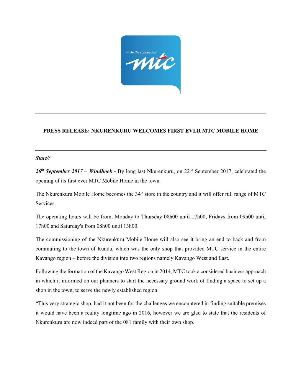 PRESS RELEASE: NKURENKURU WELCOMES FIRST EVER MTC MOBILE HOME Start// 26Th September 2017 – Windhoek