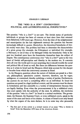 "Who Is a Jew?" Controversy: Political and Antiiropological Perspectives *