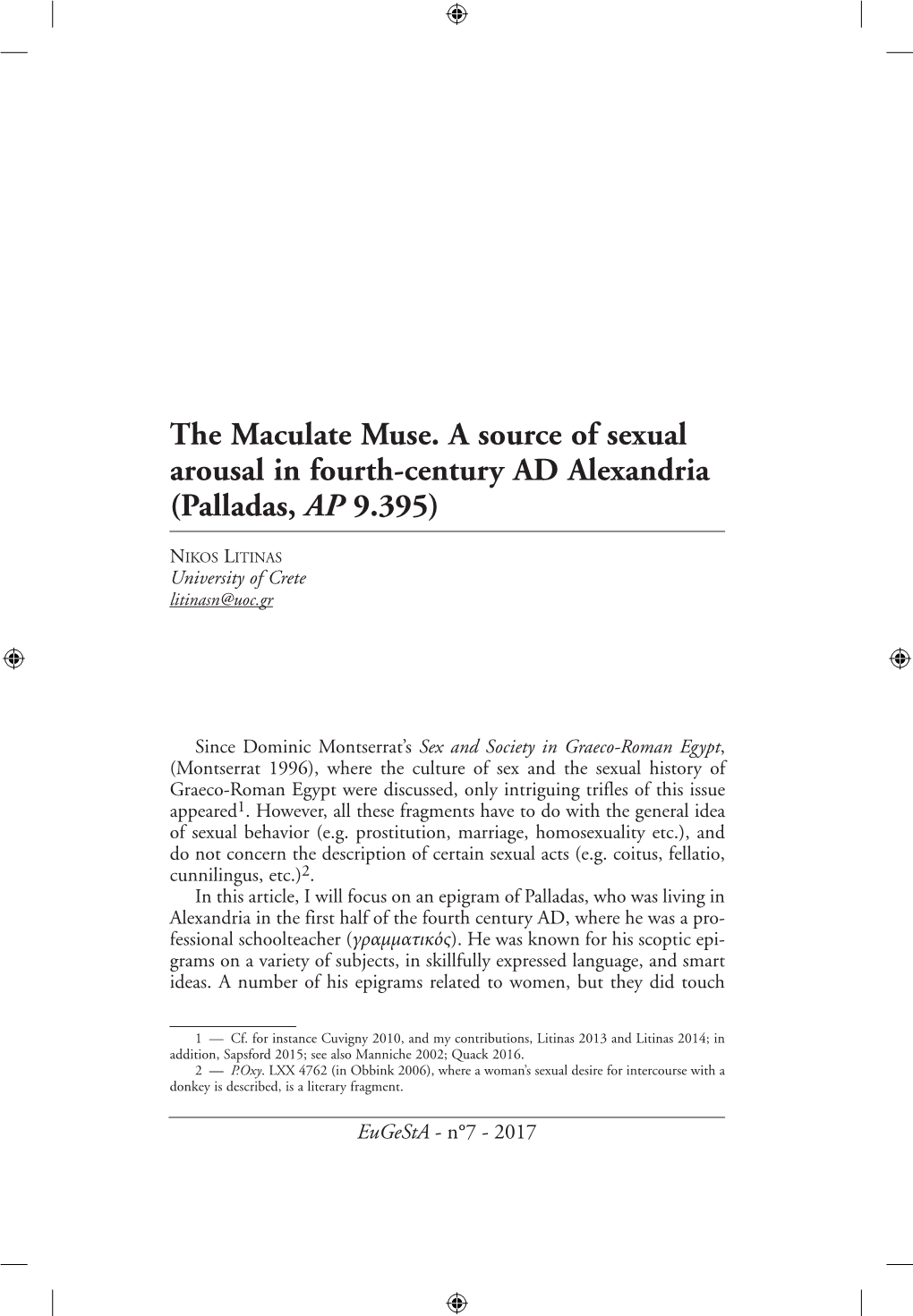 The Maculate Muse. a Source of Sexual Arousal in Fourth-Century AD Alexandria (Palladas, AP 9.395)