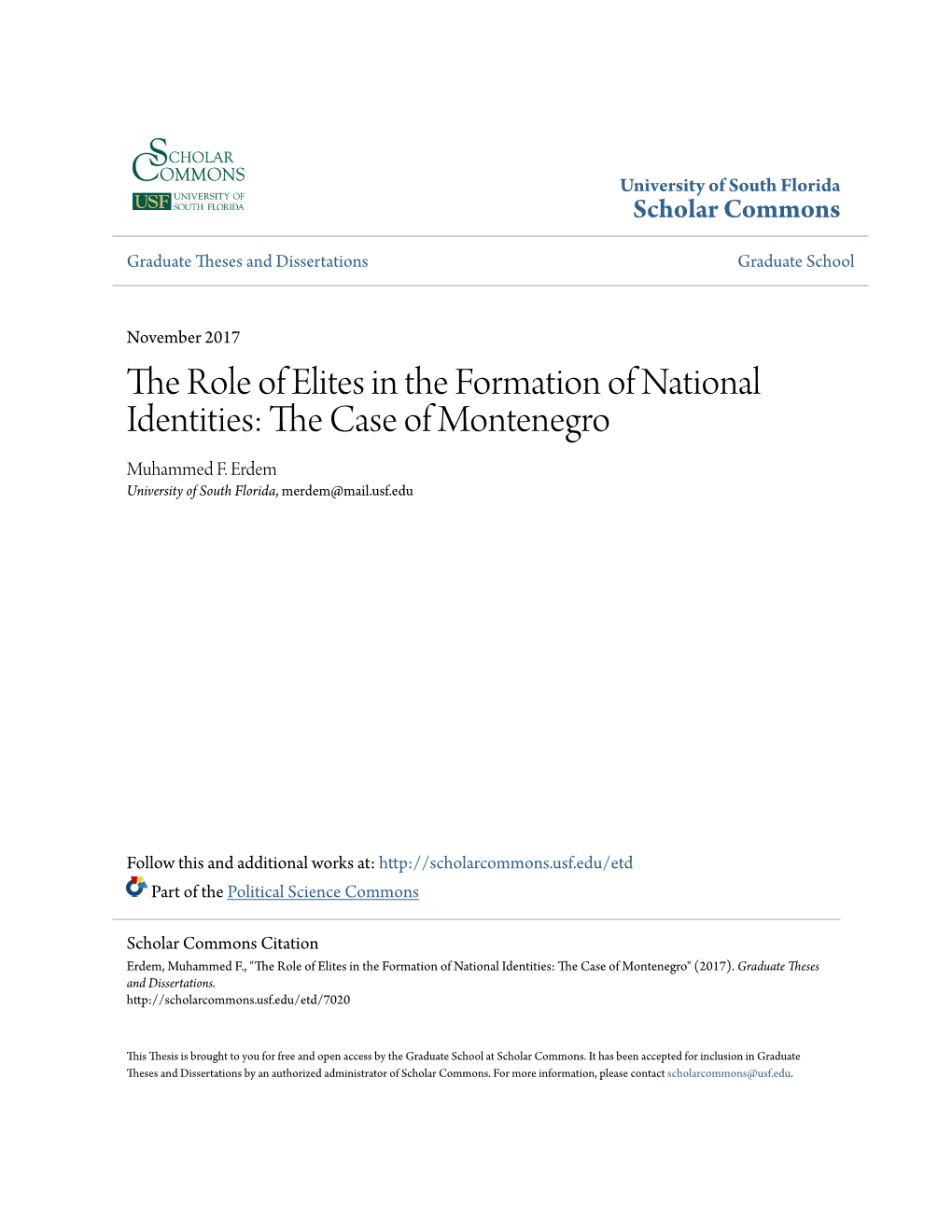 The Role of Elites in the Formation of National Identities: the Ac Se of Montenegro Muhammed F