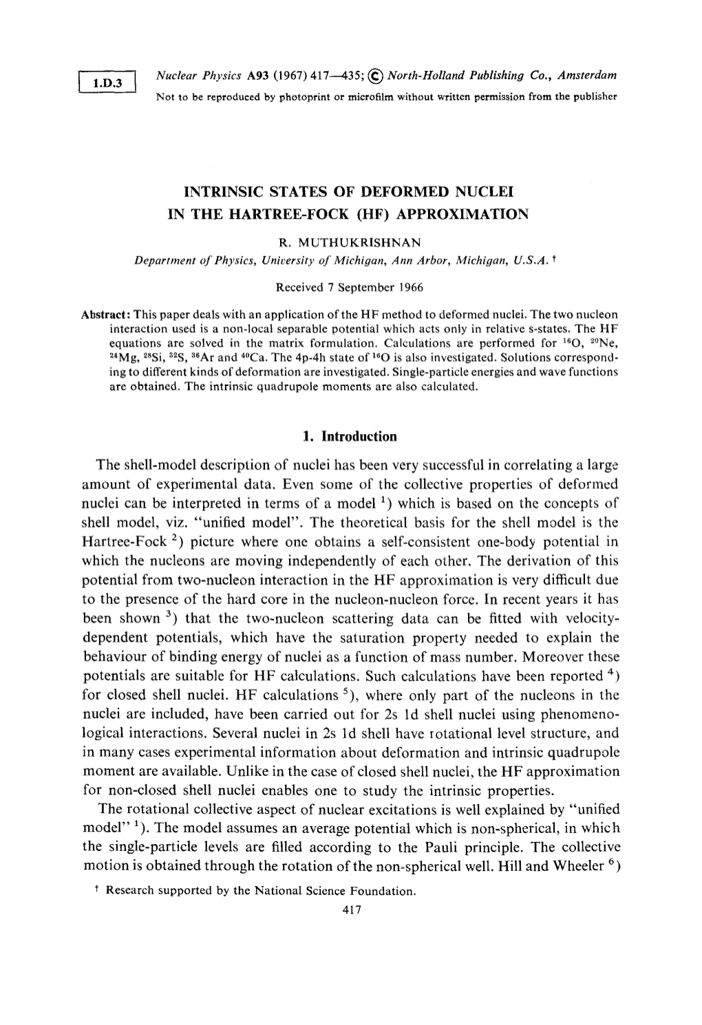 INTRINSIC STATES of DEFORMED NUCLEI in the HARTREE-FOCK (HF) APPROXIMATION 1. Introduction the Shell-Model Description of Nuclei