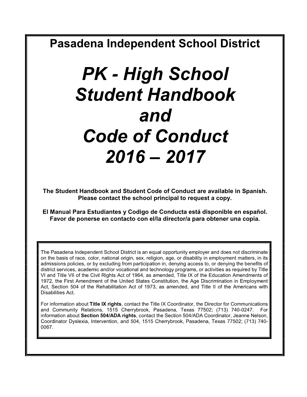 PK - High School Student Handbook and Code of Conduct 2016 – 2017