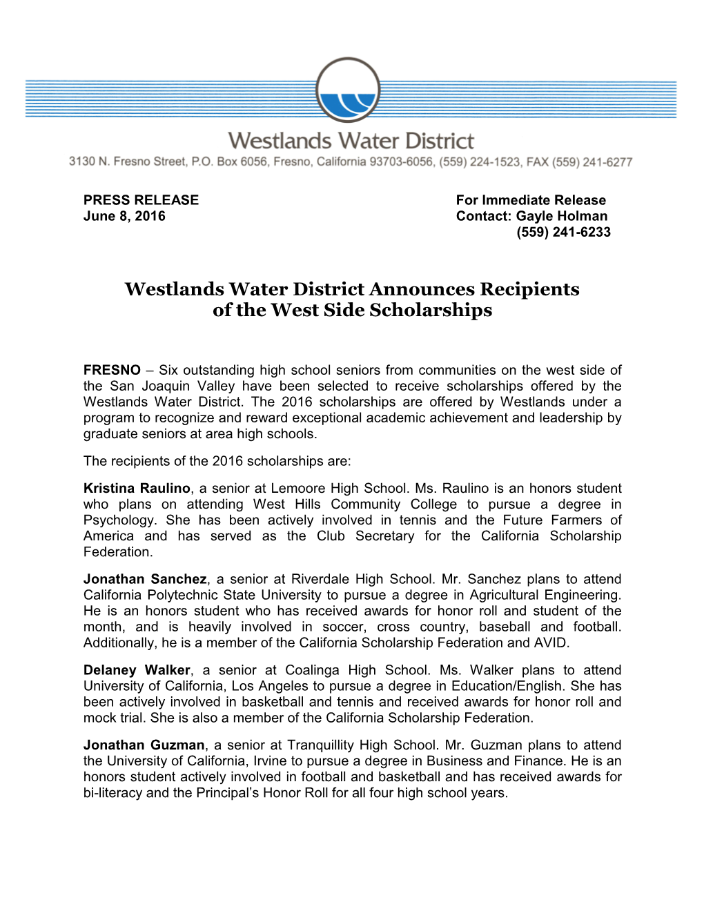 Westlands Water District Announces Recipients of the West Side Scholarships