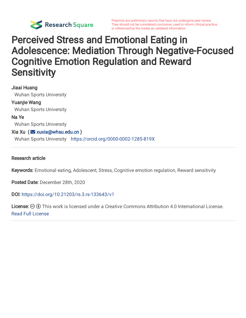 Perceived Stress and Emotional Eating in Adolescence: Mediation Through Negative-Focused Cognitive Emotion Regulation and Reward Sensitivity