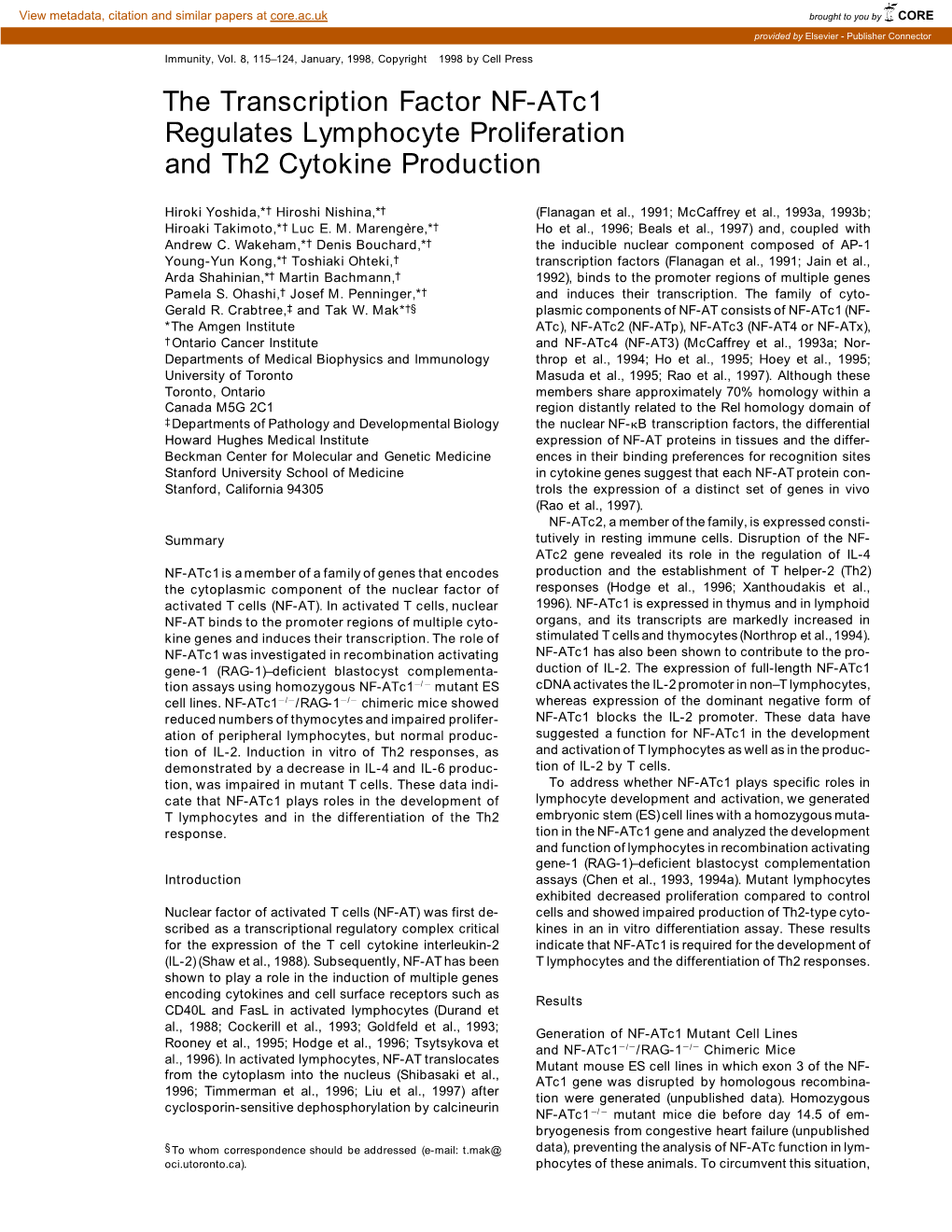 The Transcription Factor NF-Atc1 Regulates Lymphocyte Proliferation and Th2 Cytokine Production