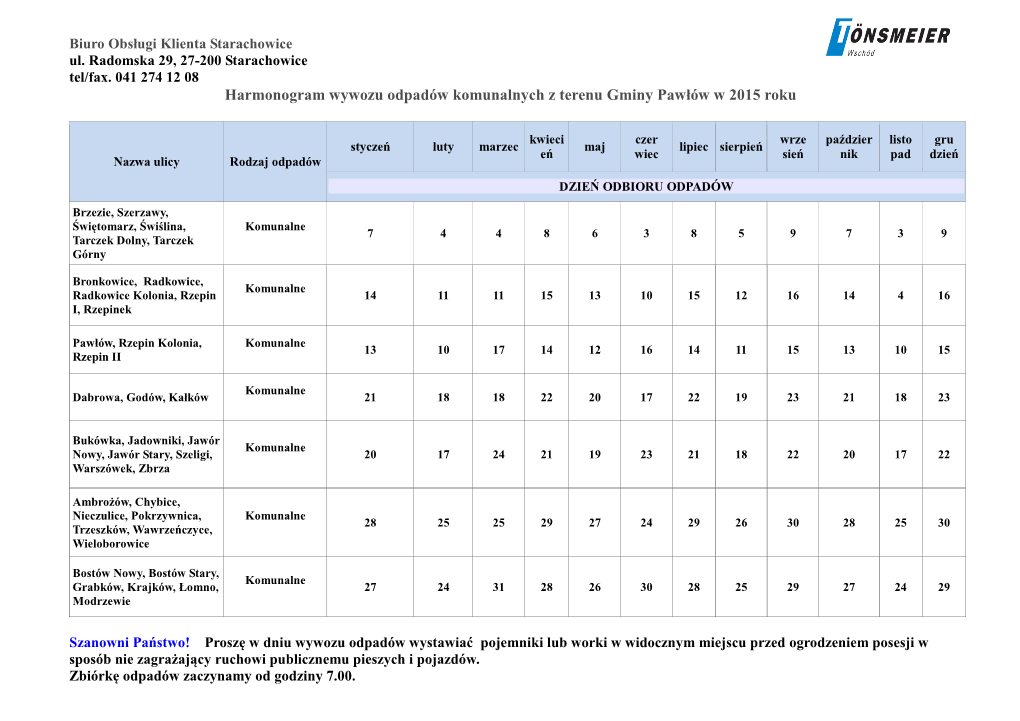 Harmonogram Wywozu Odpadów Komunalnych Z Terenu Gminy Pawłów W 2015 Roku