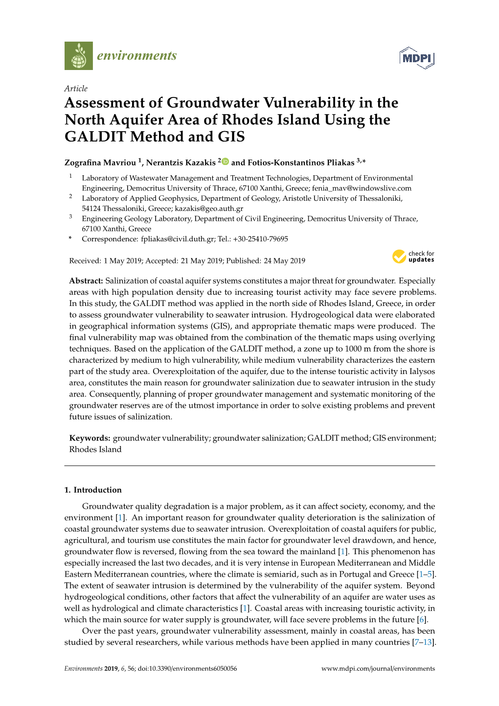 Assessment of Groundwater Vulnerability in the North Aquifer Area of Rhodes Island Using the GALDIT Method and GIS