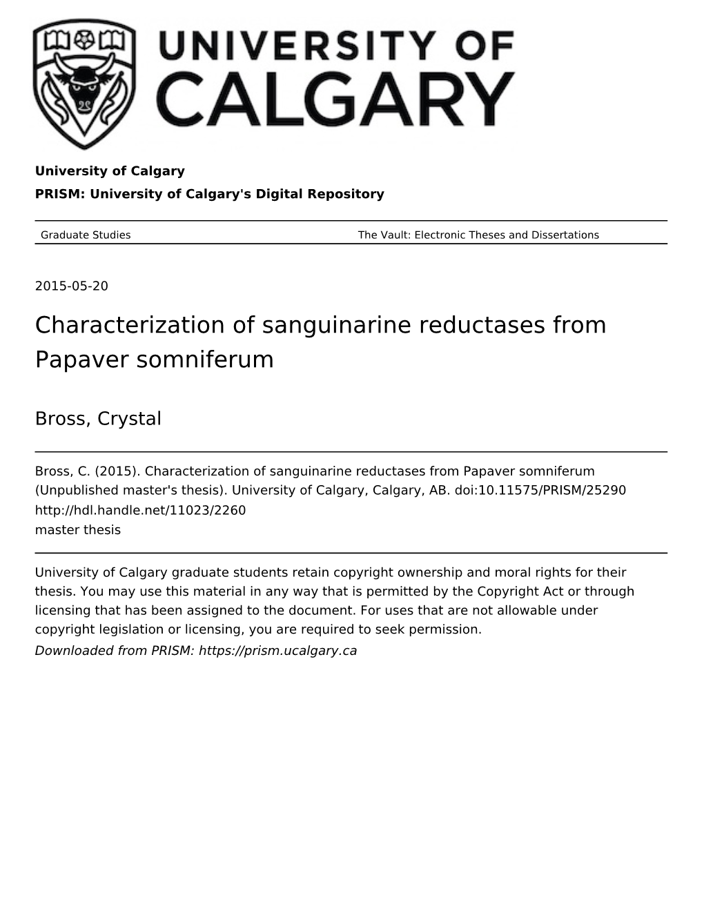 ﻿﻿Characterization of Sanguinarine Reductases from Papaver Somniferum (Unpublished Master's Thesis)