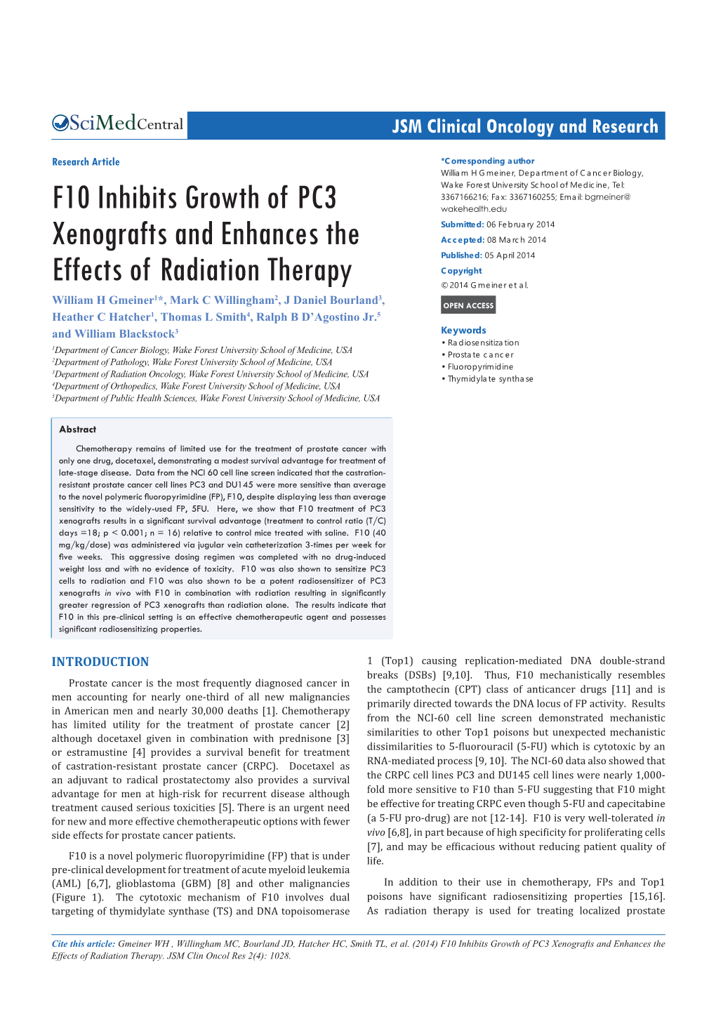 F10 Inhibits Growth of PC3 Xenografts and Enhances the Effects of Radiation Therapy
