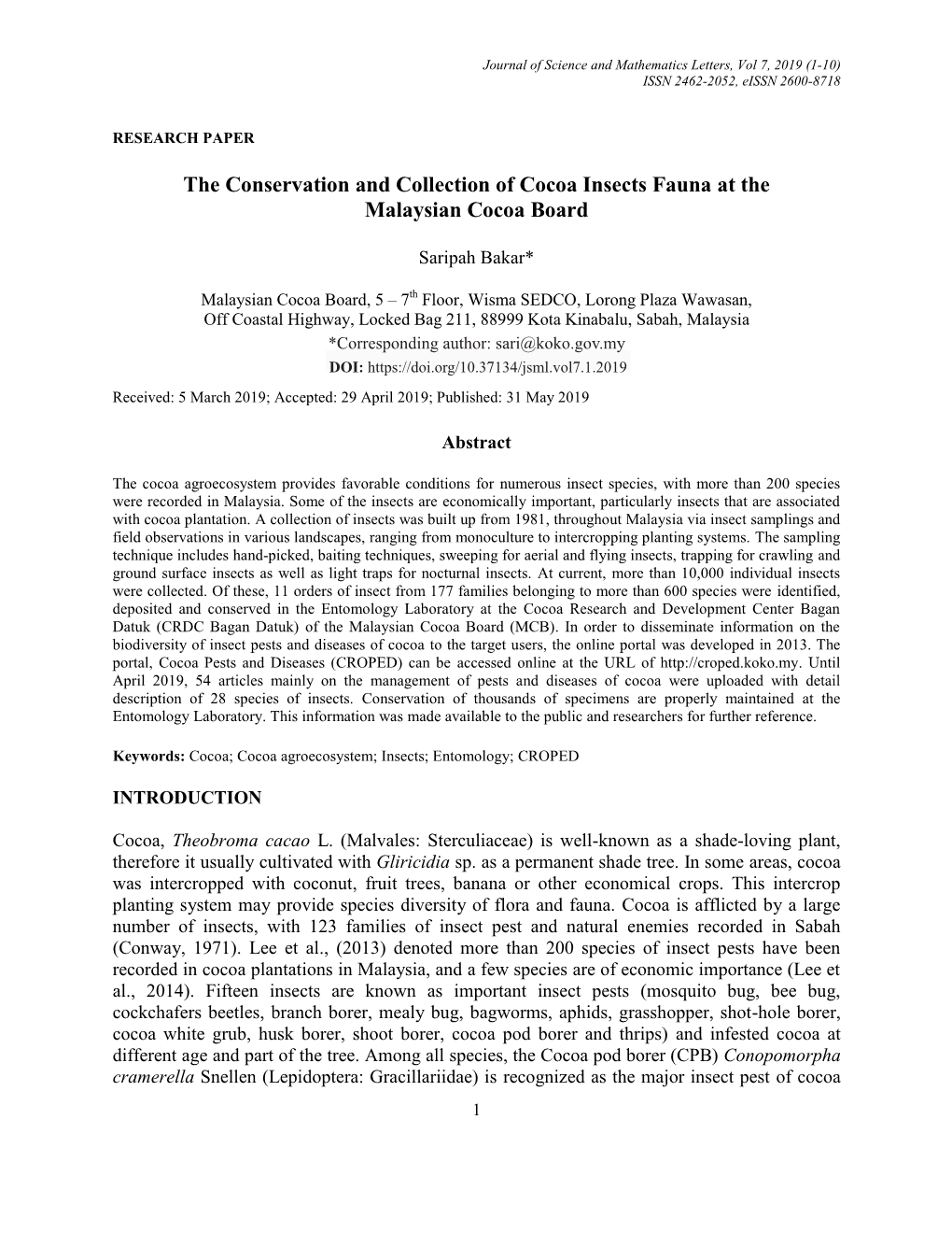 The Conservation and Collection of Cocoa Insects Fauna at the Malaysian Cocoa Board