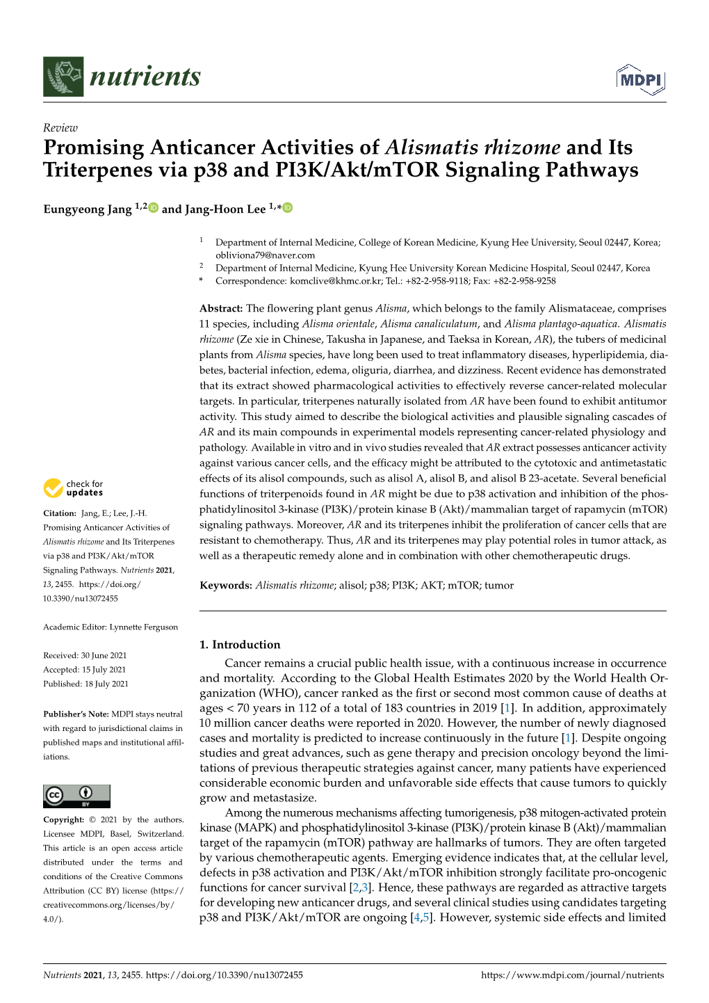 Promising Anticancer Activities of Alismatis Rhizome and Its Triterpenes Via P38 and PI3K/Akt/Mtor Signaling Pathways