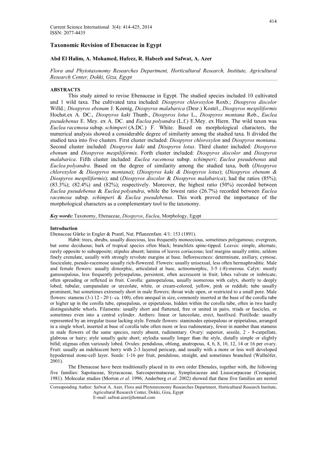 Taxonomic Revision of Ebenaceae in Egypt