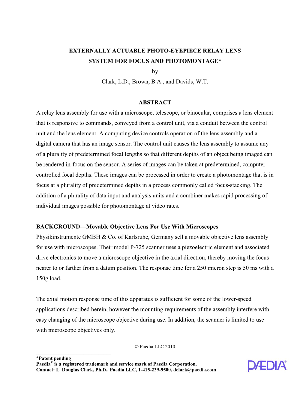 RELAY LENS SYSTEM for FOCUS and PHOTOMONTAGE* by Clark, L.D., Brown, B.A., and Davids, W.T