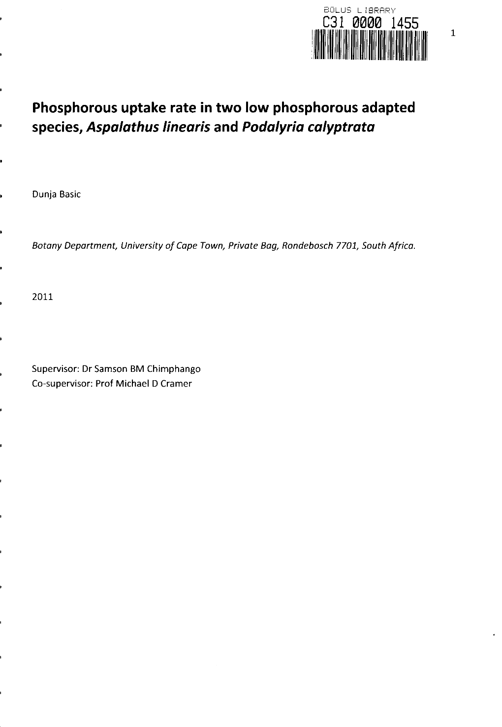 Phosphorous Uptake Rate in Two Low Phosphorous Adapted Species