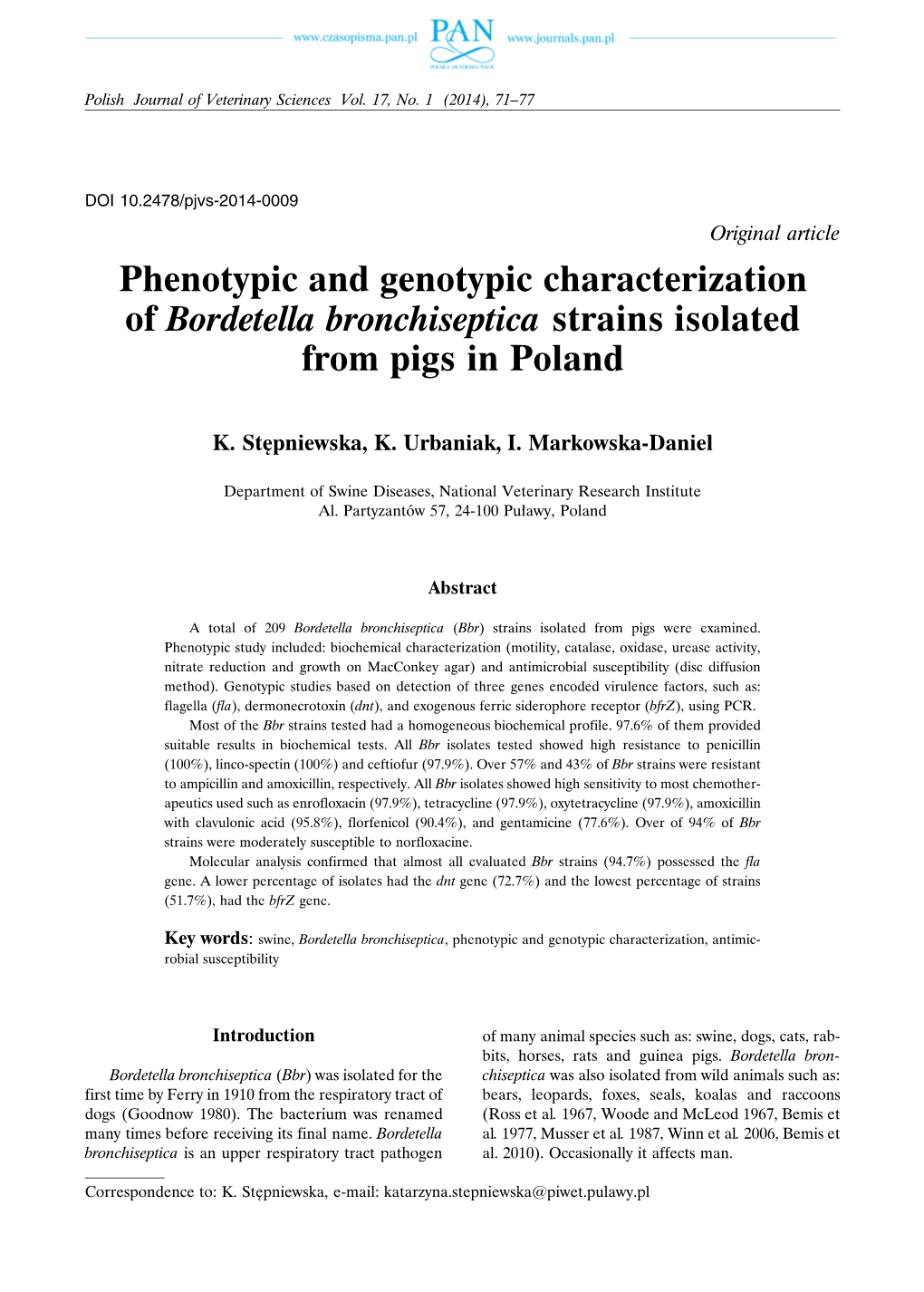 Phenotypic and Genotypic Characterization of Bordetella Bronchiseptica Strains Isolated from Pigs in Poland