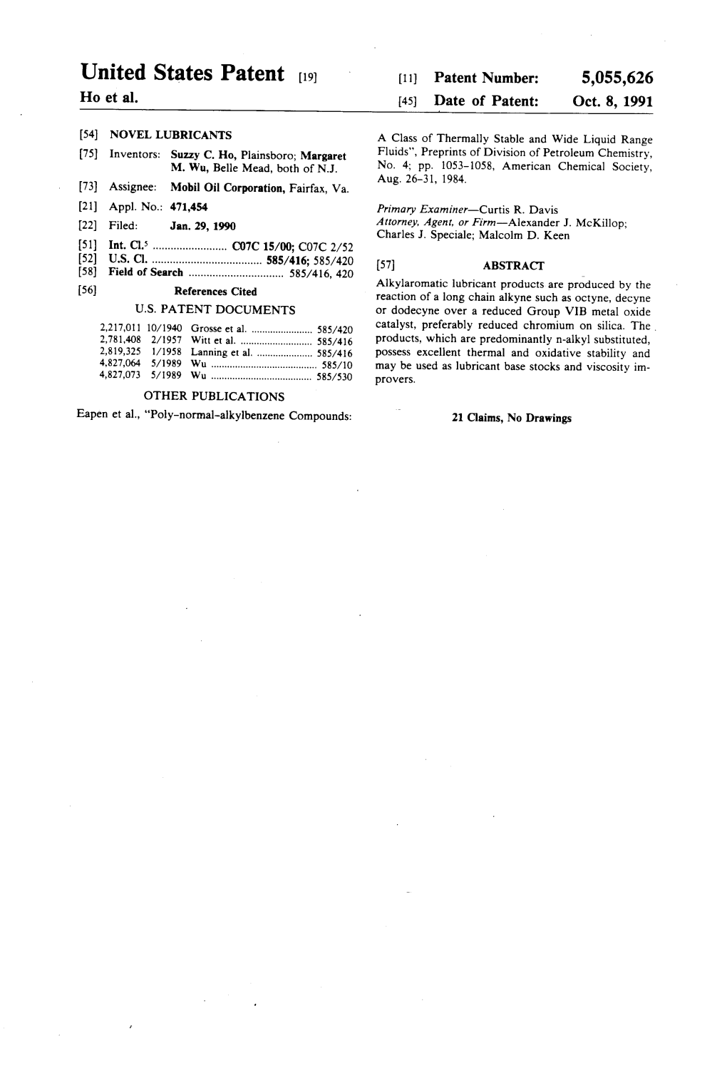 United States Patent (19) 11 Patent Number: 5,055,626 Ho Et Al