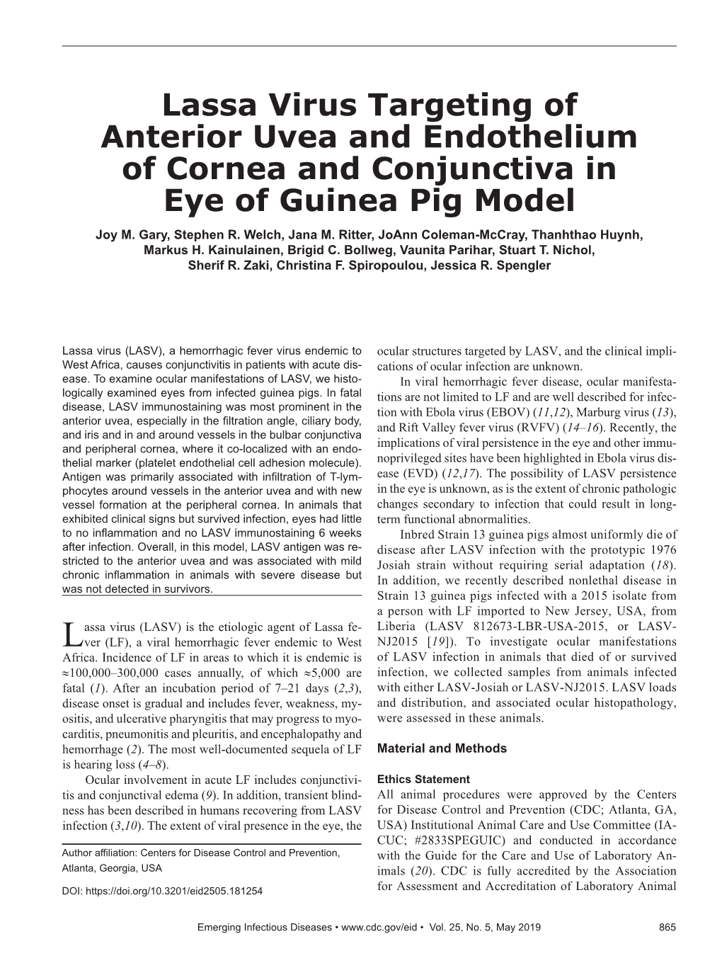 Lassa Virus Targeting of Anterior Uvea and Endothelium of Cornea and Conjunctiva in Eye of Guinea Pig Model Joy M