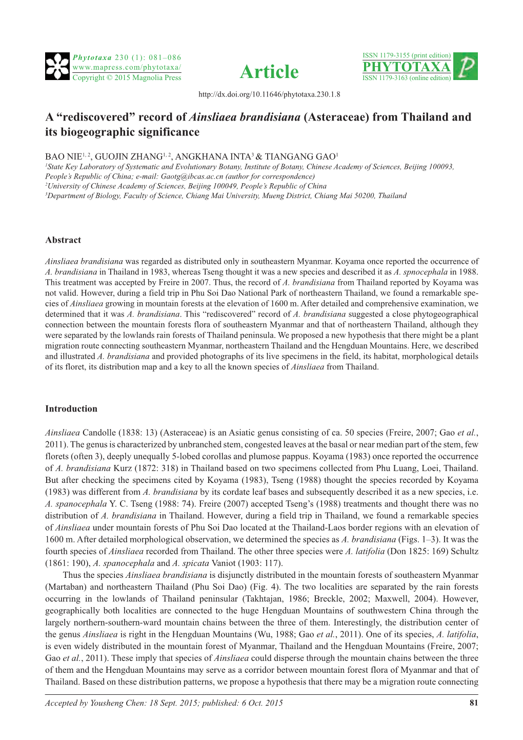 Record of Ainsliaea Brandisiana (Asteraceae) from Thailand and Its Biogeographic Significance