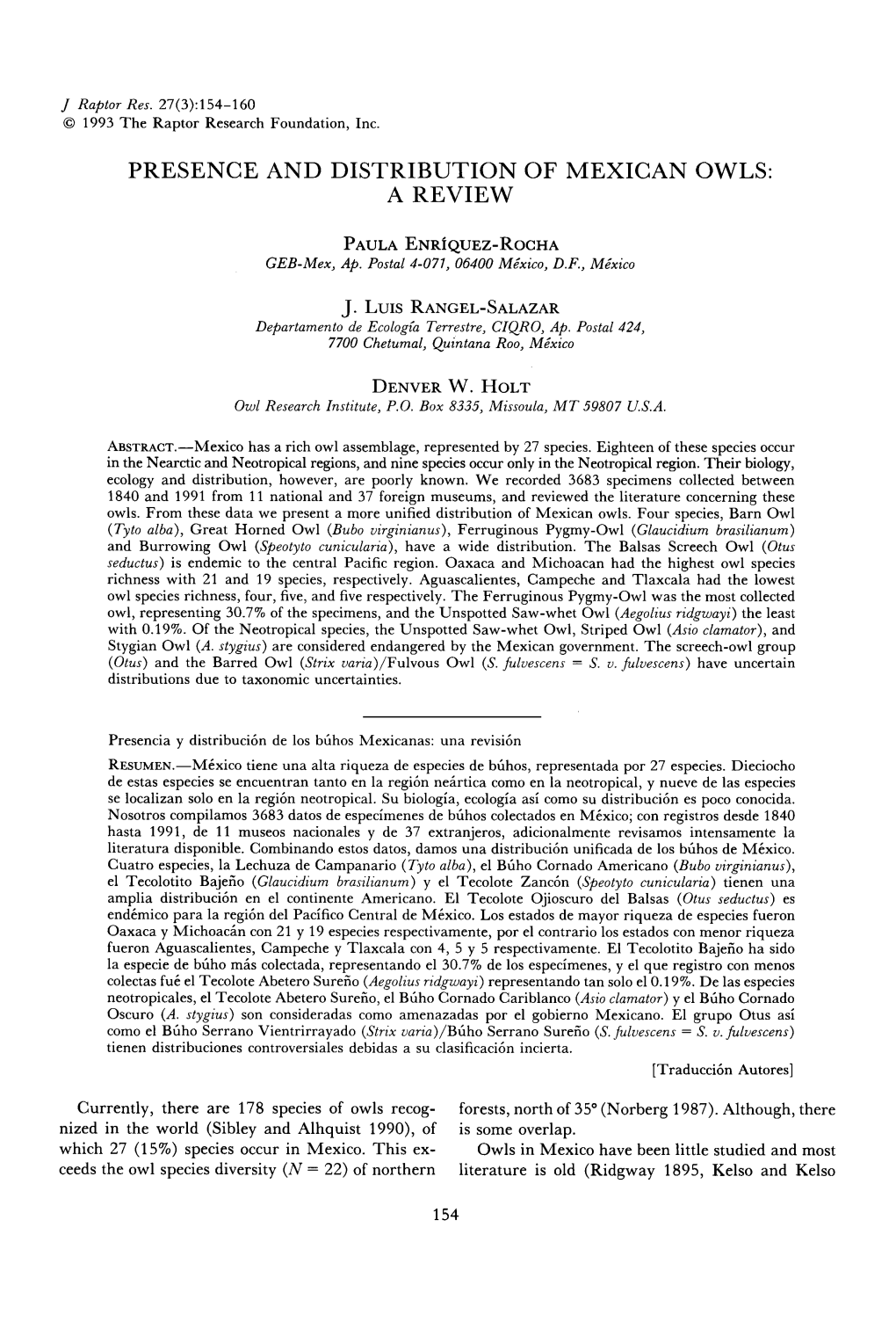 Presence and Distribution of Mexican Owls: a Review