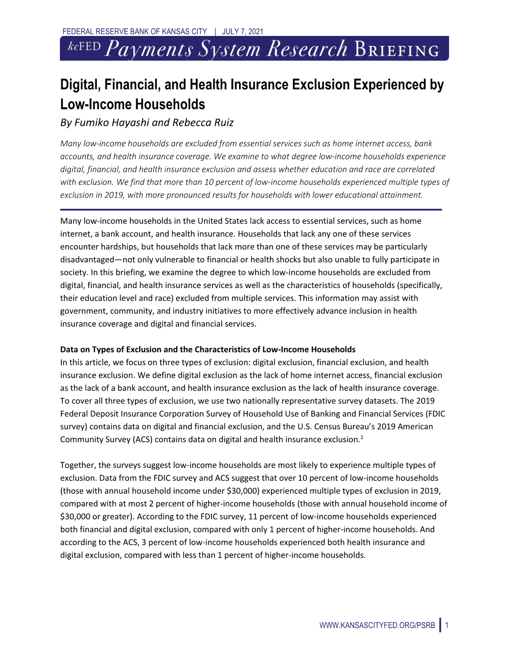 Digital, Financial, and Health Insurance Exclusion Experienced by Low-Income Households by Fumiko Hayashi and Rebecca Ruiz