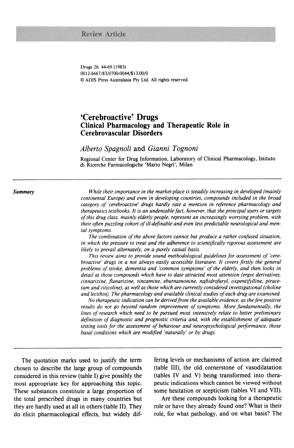 'Cerebroactive' Drugs Clinical Pharmacology and Therapeutic Role in Cerebrovascular Disorders