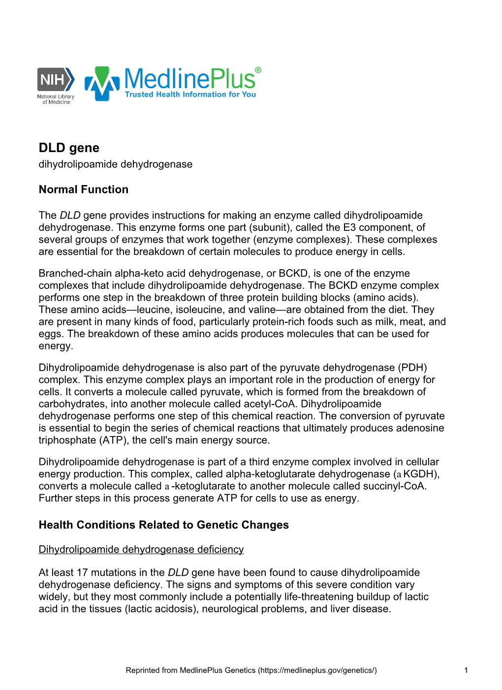 DLD Gene Dihydrolipoamide Dehydrogenase