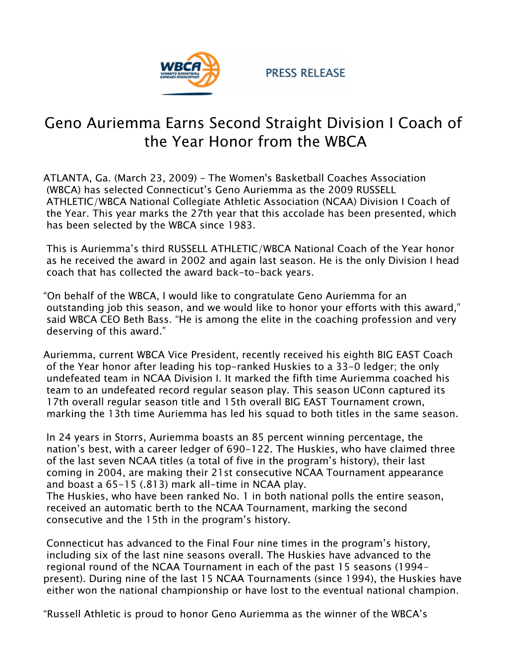Geno Auriemma Earns Second Straight Division I Coach of the Year Honor from the WBCA