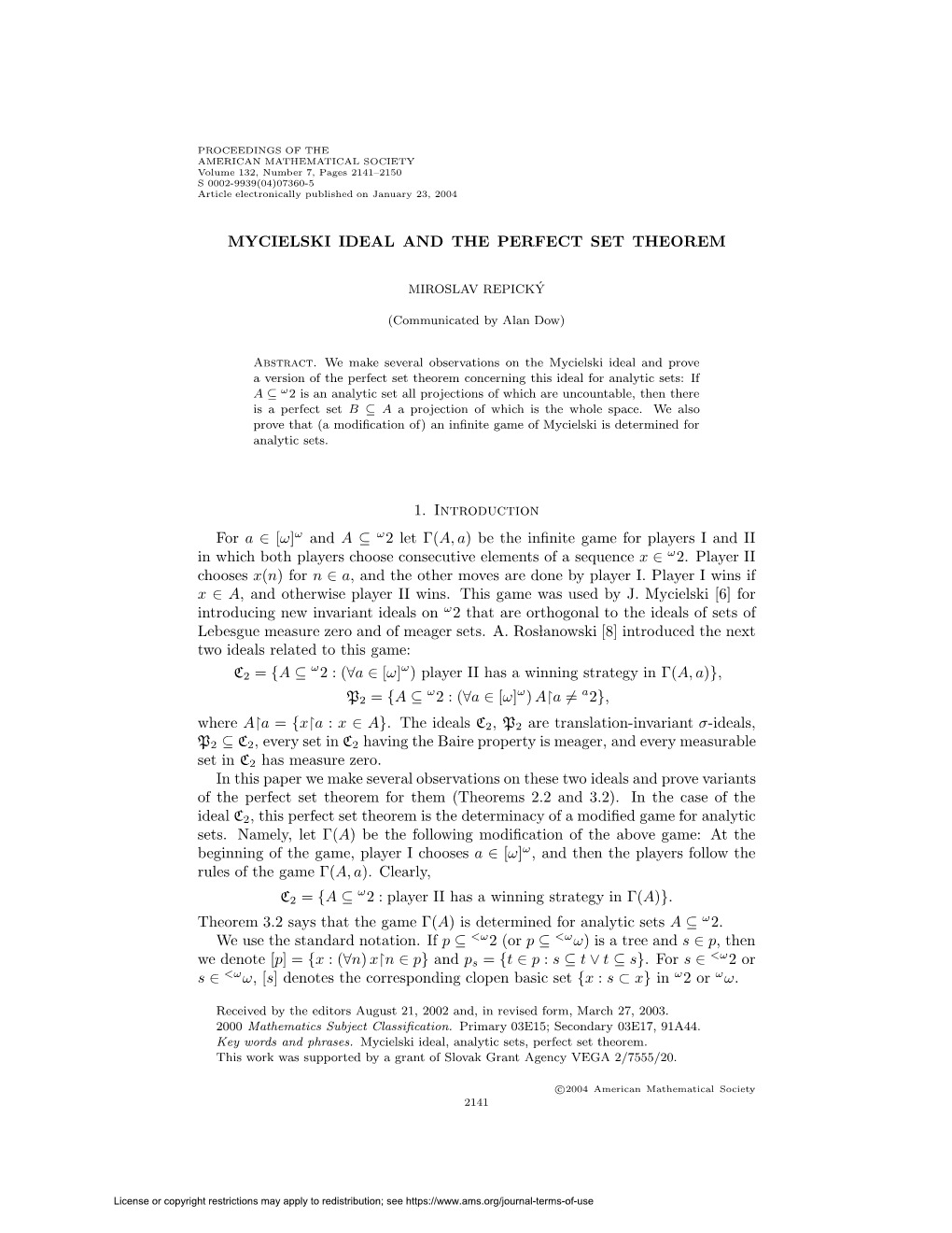 Mycielski Ideal and the Perfect Set Theorem