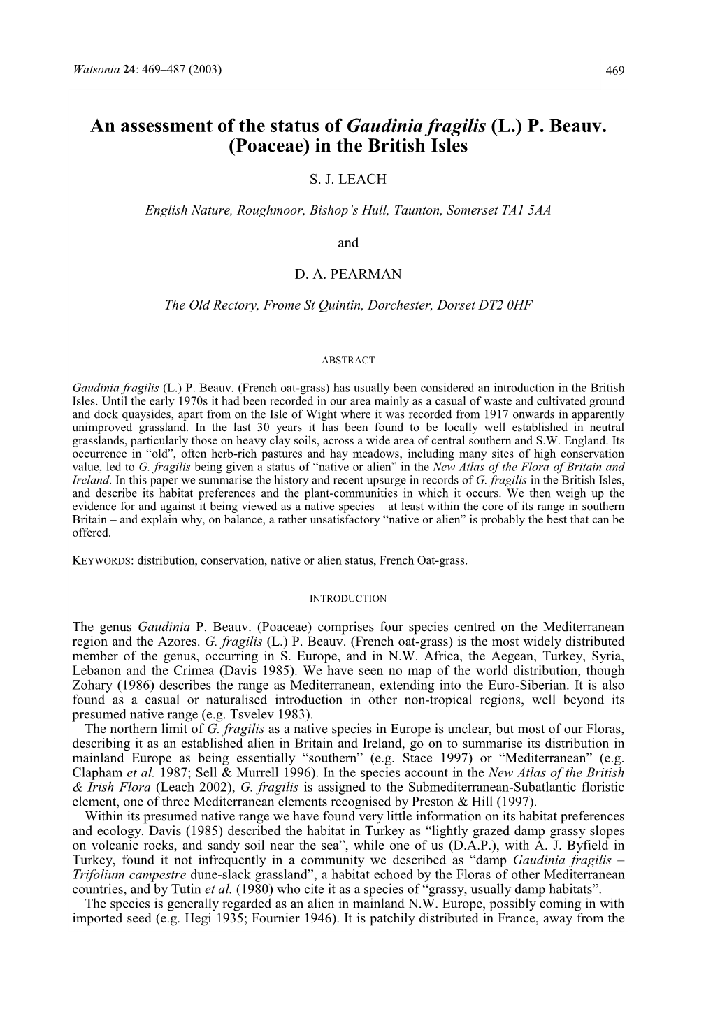 An Assessment of the Status of Gaudinia Fragilis (L.) P. Beauv. (Poaceae) in the British Isles