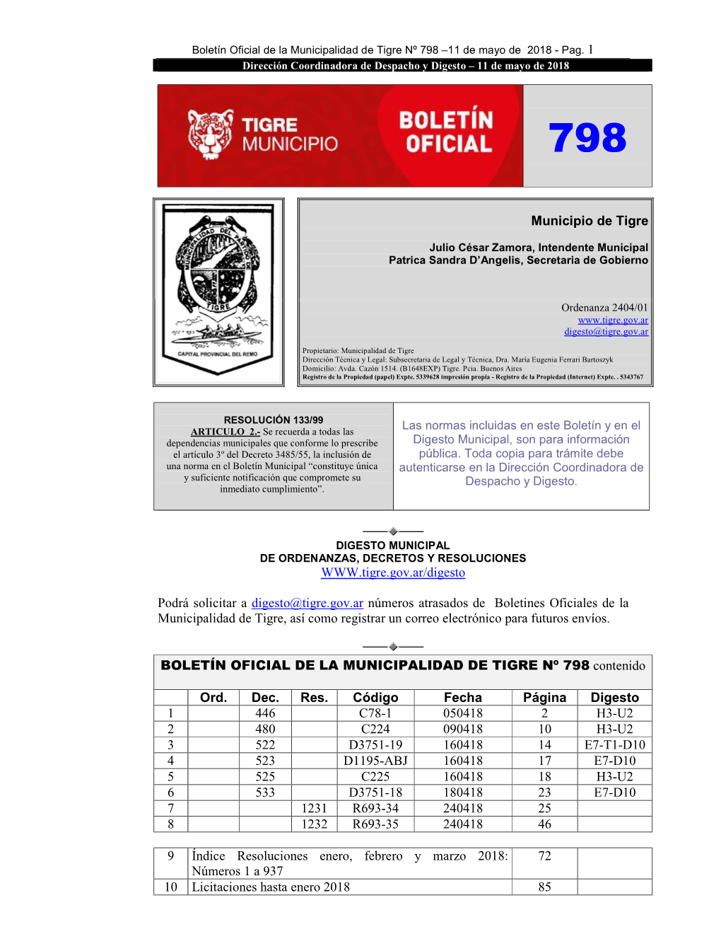 Boletín Oficial De La Municipalidad De Tigre Nº 798 –11 De Mayo De 2018 - Pag