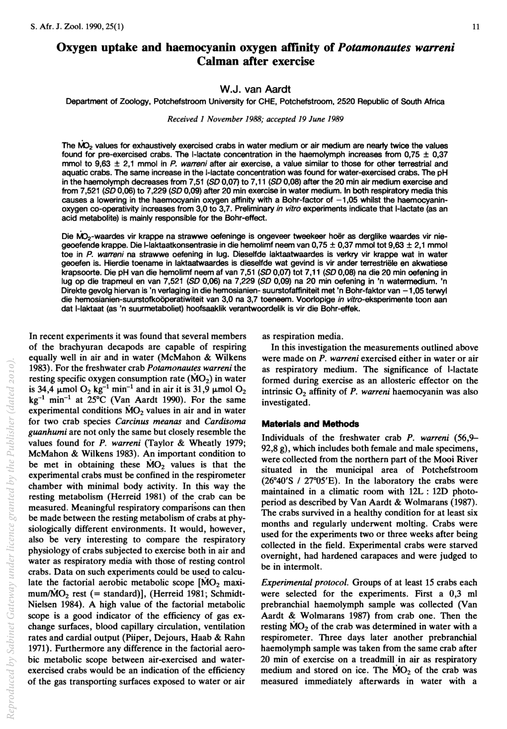 Oxygen Uptake and Baemocyanin Oxygen Affinity of Potamonautes Wa"Eni Caiman After Exercise