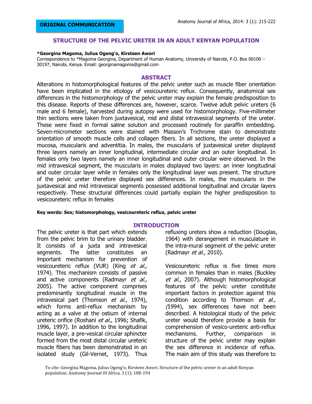 Structure of the Pelvic Ureter in an Adult Kenyan Population