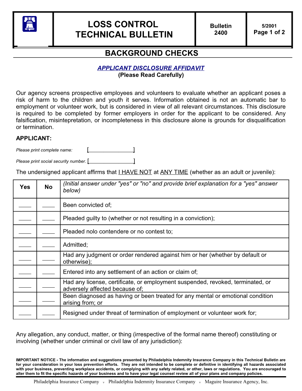 Applicant Disclosure Affidavit